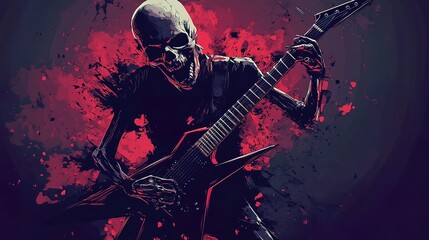 Skeleton Guitarist with Red Splatter Background