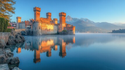Fototapeta premium Scenic view of a medieval castle by a tranquil lake at sunrise.