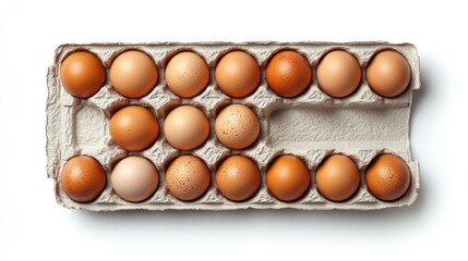 Top view of a full carton of brown eggs, isolated on white background.