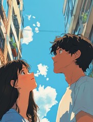 Anime-Style Close-Up of Two People Looking Up on a Sunny Summer Day with an Apartment Building in the Background, Capturing a Romantic Atmosphere

