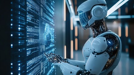 Fototapeta premium A humanoid robot interacts with digital displays in a futuristic technology lab during an advanced research session