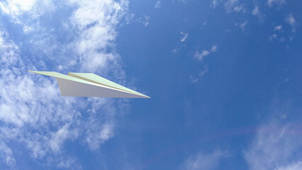 The white paper plane on sky background  for Business or travel concept 3d rendering..