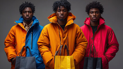 Three young men wearing winter jackets, showcasing their clothing