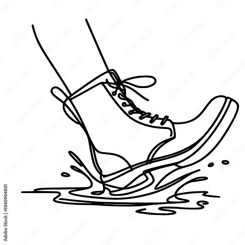 Poster minimalistic contour vector drawing of one foot in a boot walking through puddles, creating a splash