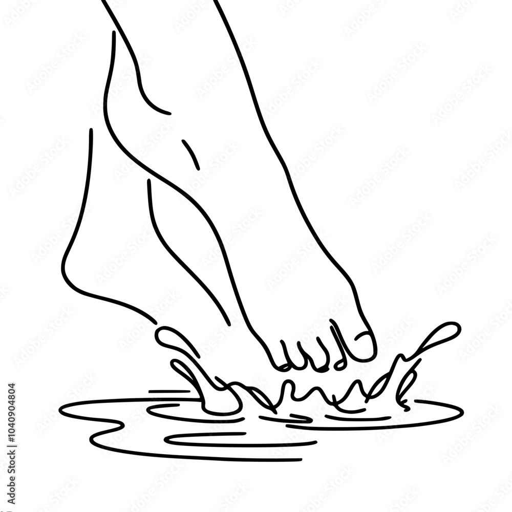 Poster minimalistic contour vector one-line drawing of two bare feet jumping in a puddle, splash effect
