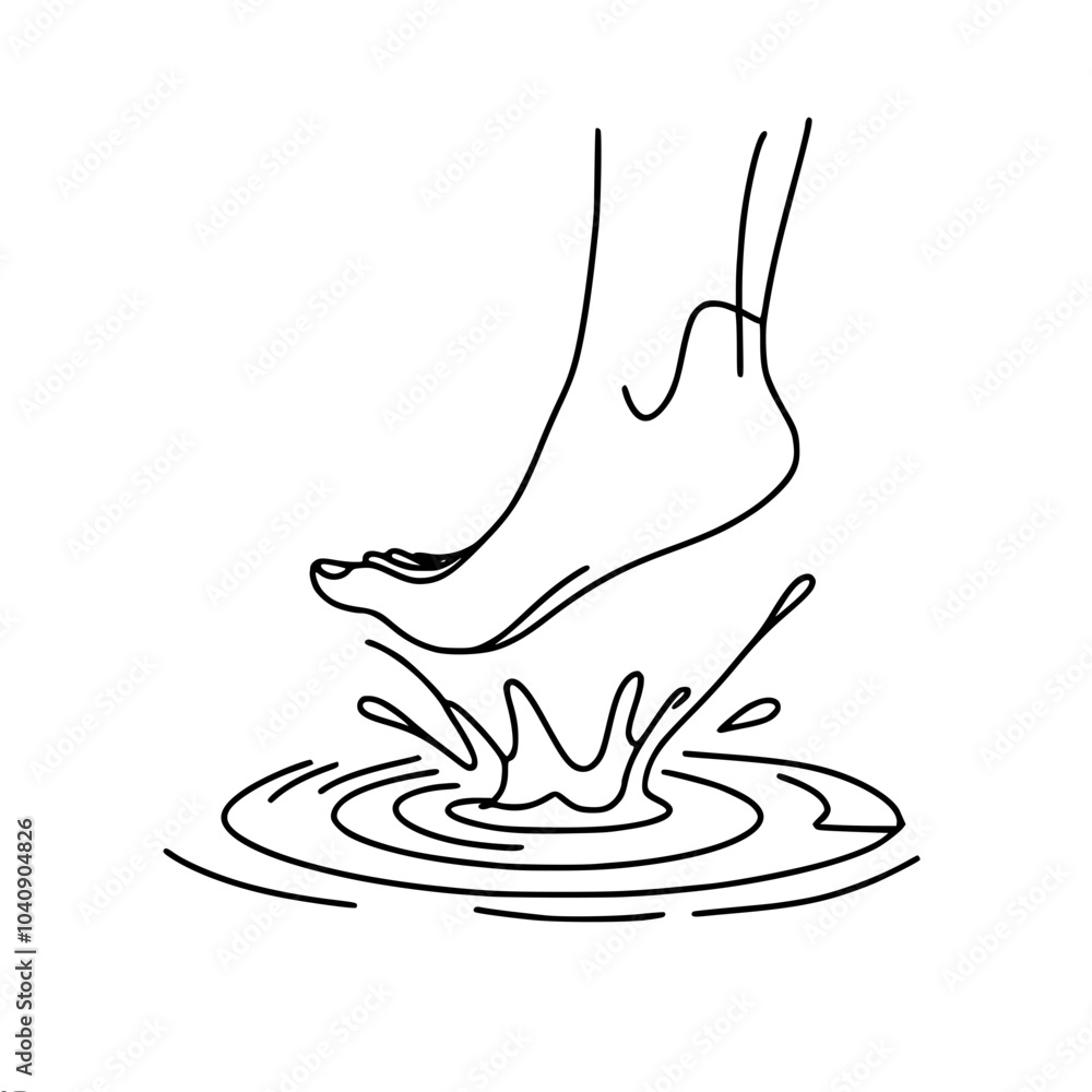 Poster minimalistic contour vector one line drawing of a bare foot in a puddle creating a splash effect