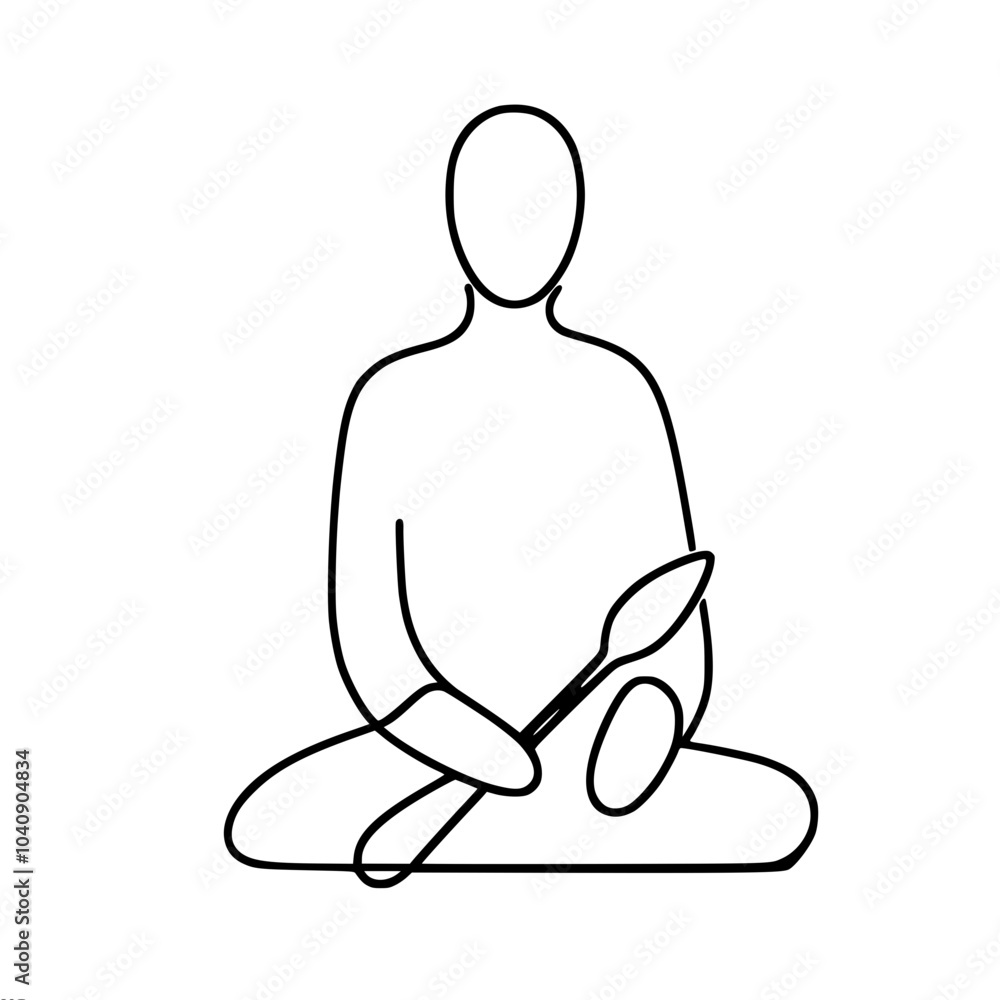 Poster linear vector outline drawing of a man sitting cross-legged and holding a huge spoon, done in a mini