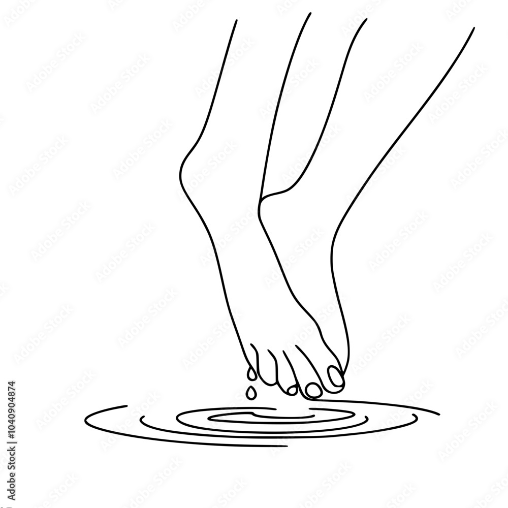 Poster minimalistic contour vector one-line drawing of two bare feet standing in a puddle, creating a splas