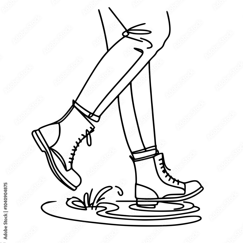 Poster minimalistic contour vector drawing of two feet in boots stepping into a puddle, which creates a spl