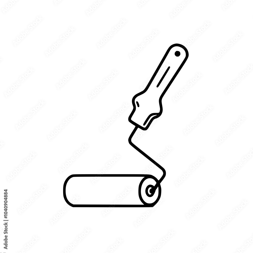 Poster a simple linear vector outline drawing of a paint roller with a handle, done in a minimalist style.