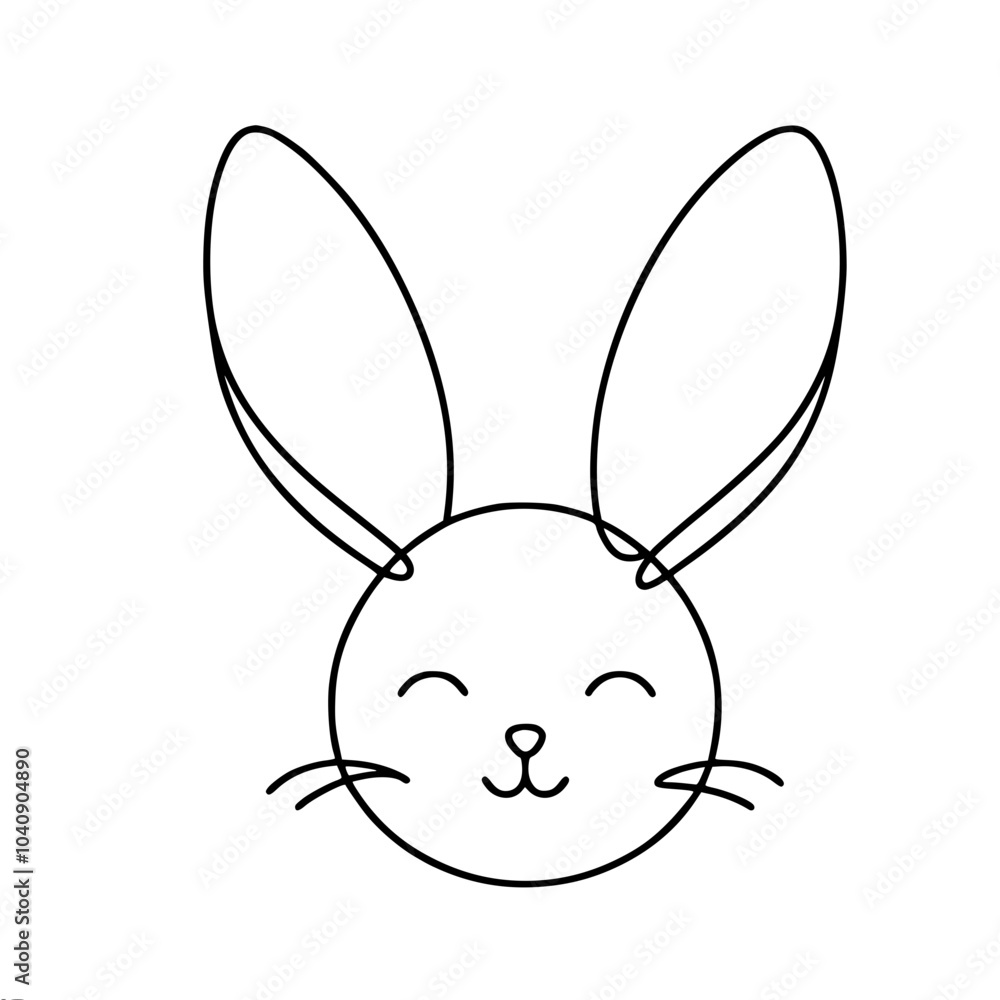 Poster line vector outline drawing of the face of a smiling cute rabbit with squeezed eyes, made in minimal