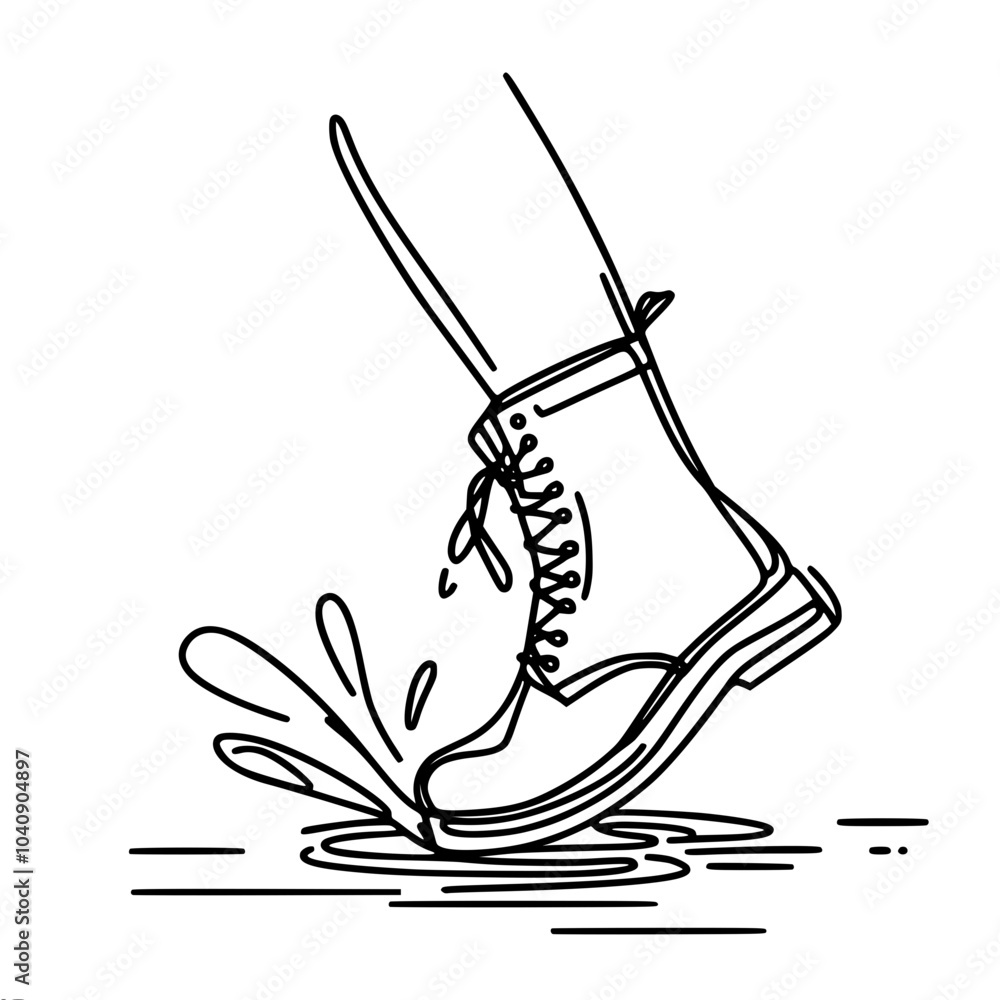 Poster minimalistic contour vector drawing of a shoe stepping into a puddle, creating a splash effect