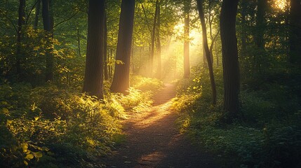 Obraz premium Sunlight filtering through trees along a serene forest path surrounded by vibrant green foliage in the early morning
