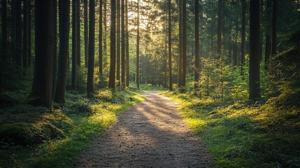Fototapeta premium Sunlight filtering through trees along a serene forest path surrounded by vibrant green foliage in the early morning
