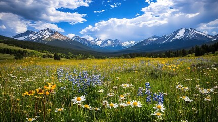 Fototapeta premium Vibrant wildflowers blanket a serene meadow beneath a stunning mountain landscape during a clear day in the Rockies