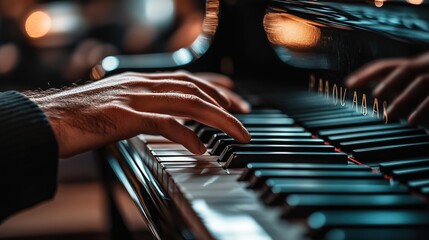 A musician's hand gracefully plays a grand piano in a softly lit room during an intimate evening performance