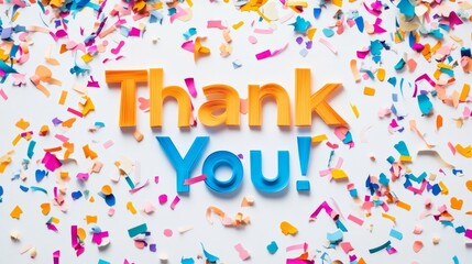 Confetti and colorful paper cut text "Thank You!" on a white background.
