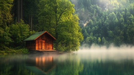 Obraz premium Tranquil wooden cabin by a misty lake surrounded by lush green trees at dawn in a serene forest setting