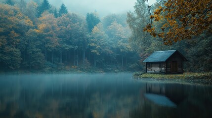 Fototapeta premium Tranquil wooden cabin by a misty lake surrounded by lush green trees at dawn in a serene forest setting