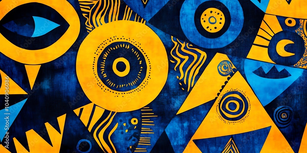 Poster a pattern of abstract shapes and lines in bright primary colors,