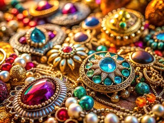 Close-up of vintage jewelry, showcasing intricate details with deep focus.