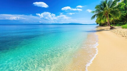 Fototapeta premium Tranquil tropical beach with crystal-clear turquoise water, white sand, and palm trees under a blue sky.