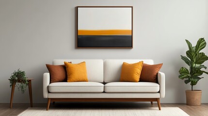 Midcentury modern living room with a lowprofile sofa, teak wood furniture, and abstract art, vintage midcentury living room, retro minimalism