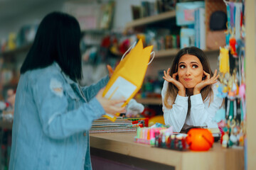 Displeased Customer Returning the Merchandise she Bought. Frustrated client disappointed in the...