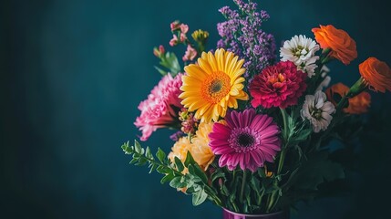 Vibrant bouquet of colorful flowers with orange lilies and pink blooms against a dark background in a still-life arrangement