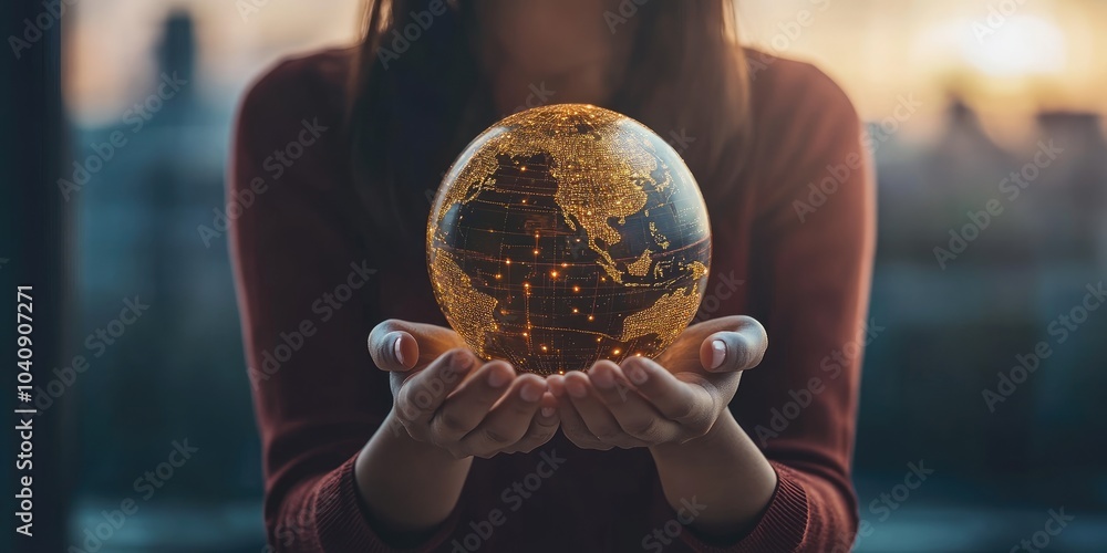 Poster a woman holding a virtual globe of the internet connection, symbolizing global business applications