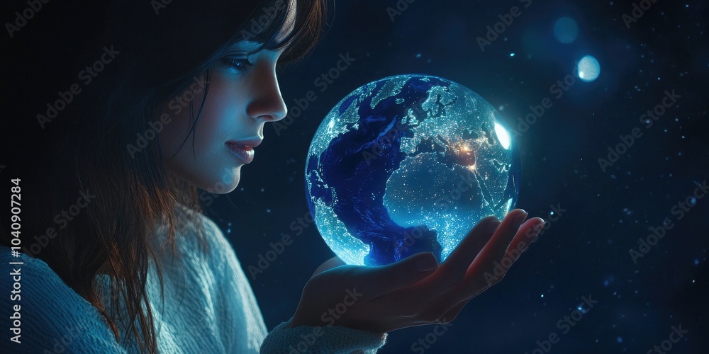 Aufkleber a woman holding a virtual globe of the internet connection, symbolizing global business applications
