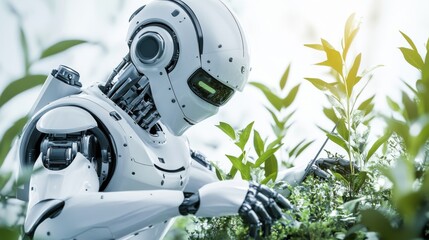A humanoid robot gardener, lifelike design with gardening tools and green thumb skills, Innovative style