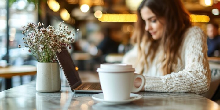 Freelance work and content creation online. A woman uses a laptop at a coffee shop to read blogs and work on digital media content.