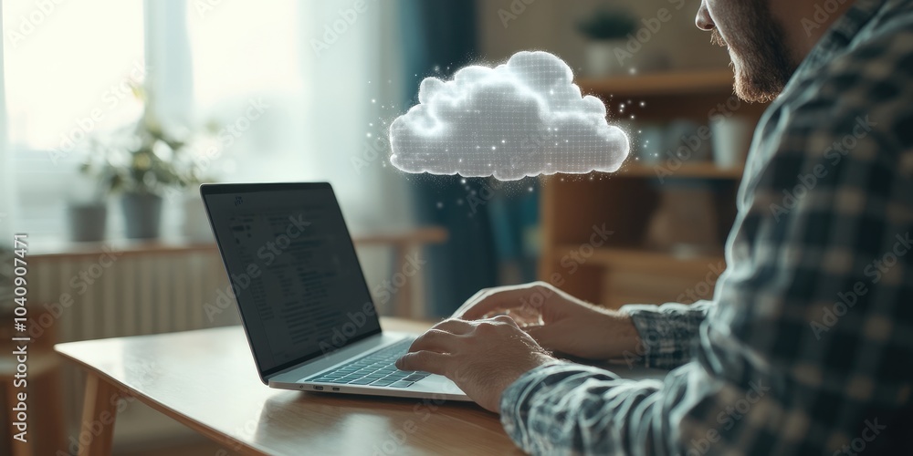 Poster A man working on a laptop with a cloud computing diagram floating above his hand, representing cloud technology, data storage, and online services.