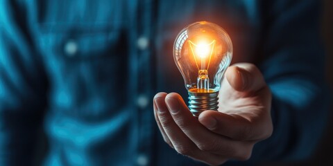 A man holding an illuminated light bulb, representing a new idea and inspiration for sustainable business innovation and development.