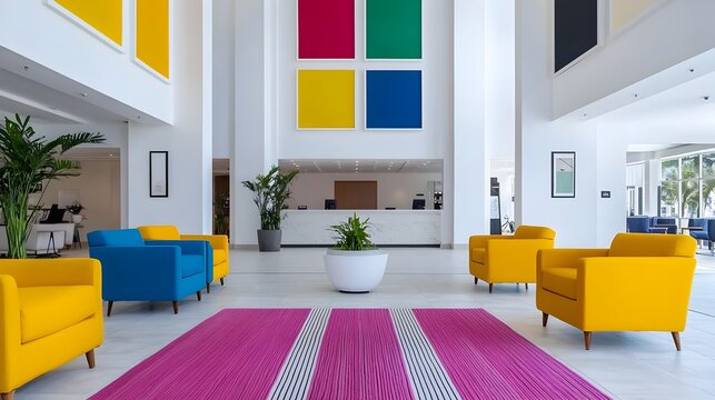 Vibrant and Captivating Hotel Lobby with Colorful Artwork