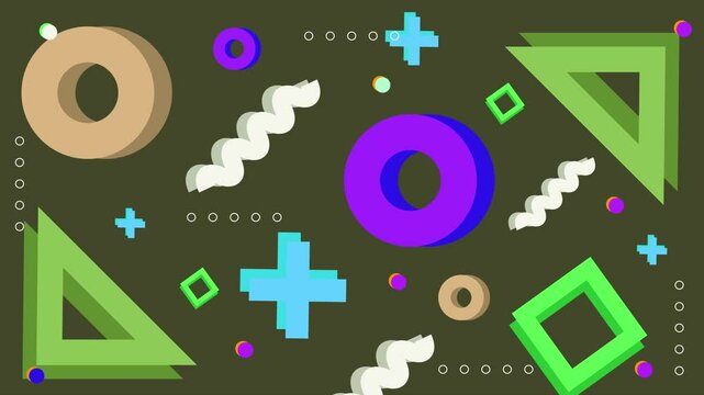 Vibrant animation of geometric shapes like circles squares and triangles in bold colors against a dark background seamless 4k video background motion pop art design