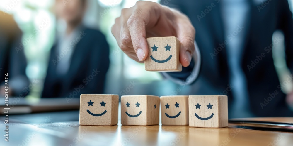 Poster excellent business service rating and customer experience concept. a businessmans hand selecting a s