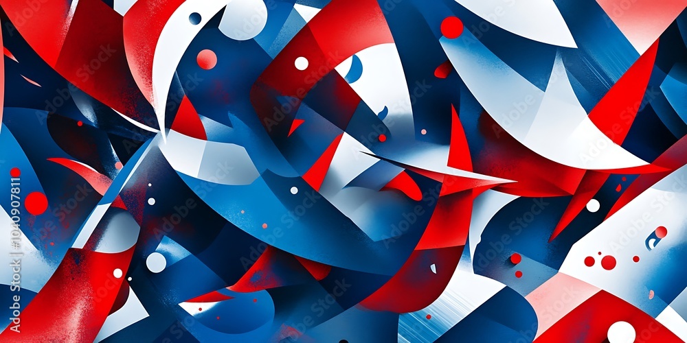 Poster a pattern of abstract shapes and lines in bright primary colors,