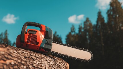 Naklejka premium Bright Chainsaw Resting on a Log in Nature