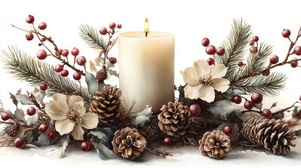 Pine trees and pine cones, burning candles