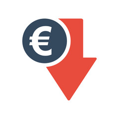 euro coin with red down arrow, european union economic falling indicator, stock exchange market negative trend, decreased income pictogram
