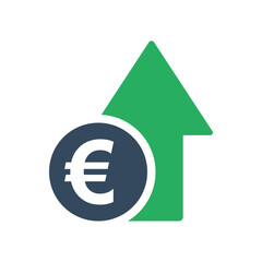 euro coin with green up arrow, european economic growth indicator, stock exchange market positive trend, rising income pictogram