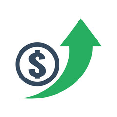 dollar coin with green exponential up arrow, economic growth indicator, stock exchange market positive trend, rising income pictogram