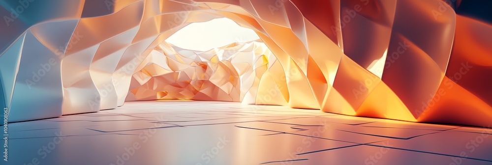 Poster a white and orange cave with a light shining through it. the cave is made of paper and has a very ab