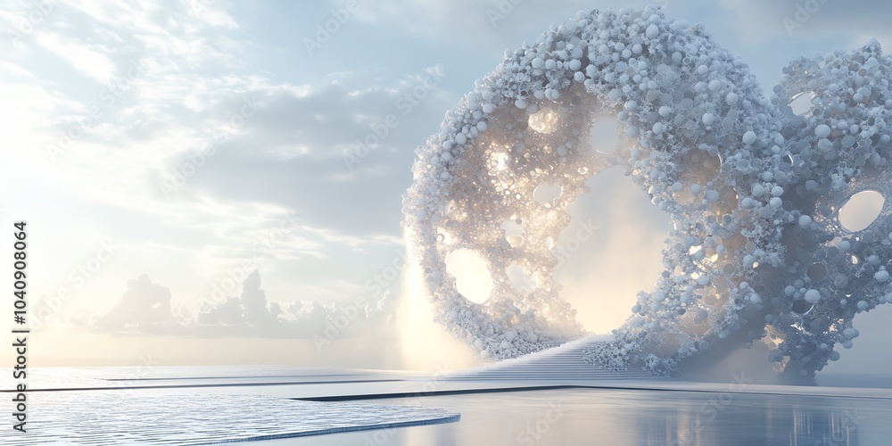 Poster a large white cloud with a white circle in the middle. the circle is surrounded by many smaller circ