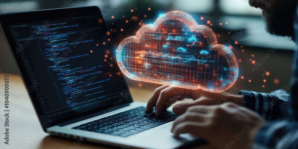 Fototapete a man using a laptop with a cloud computing diagram in his hand, representing data storage, networki