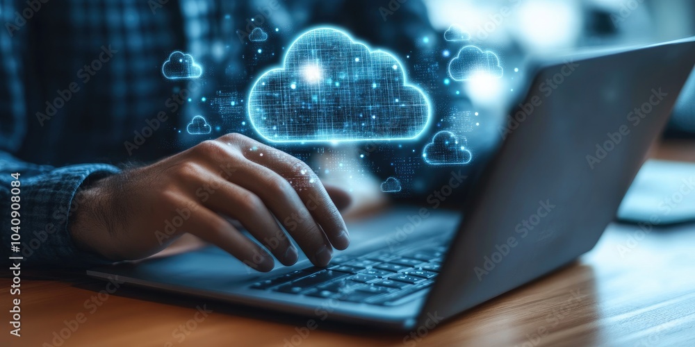 Poster a man using a laptop with a cloud computing diagram in his hand, representing data storage, networki