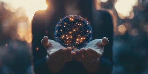 Fototapeta premium A woman holds a virtual globe representing internet connectivity, symbolizing global business, digital marketing, finance, and big data in a connected world.
