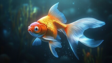 Fototapeta premium A single goldfish with orange and white scales swims in an aquarium with a blue background.